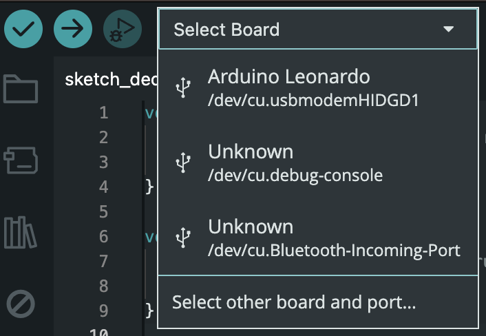 Image of Select Board control with Arduino Leonardo