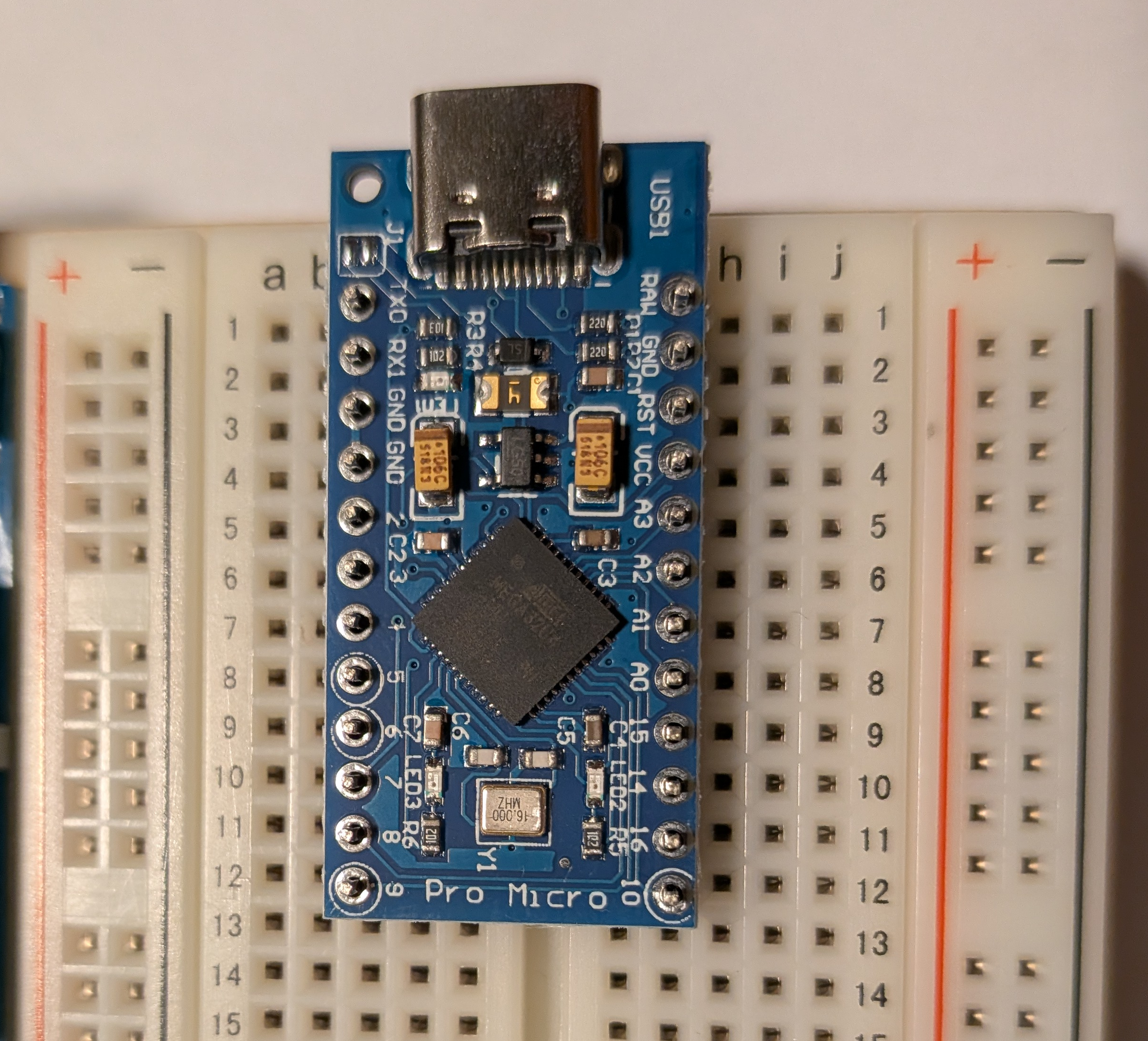 Top down image of Atmega plugged into bread board