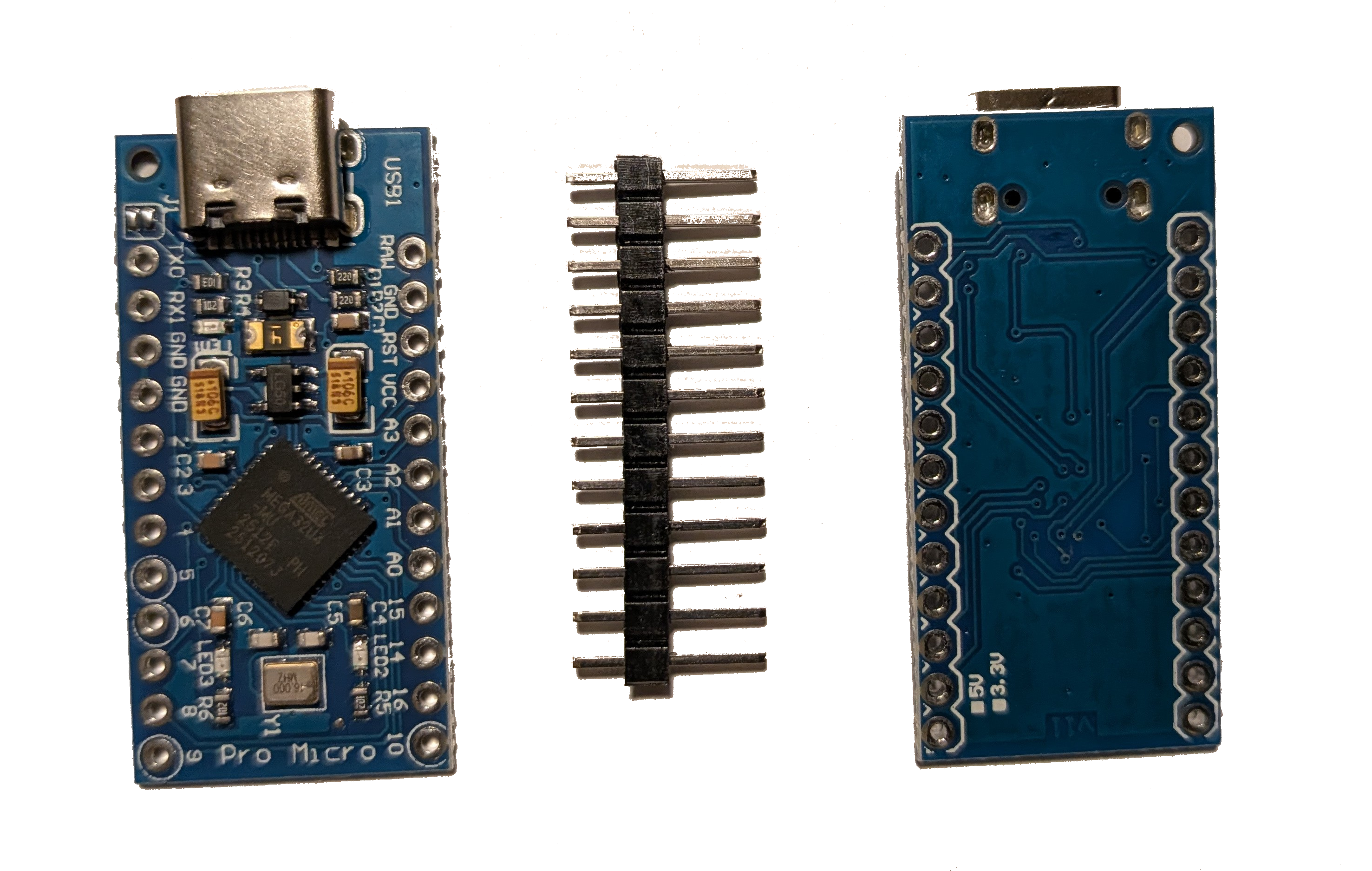 Image of both sides of Atmega board and pin headers