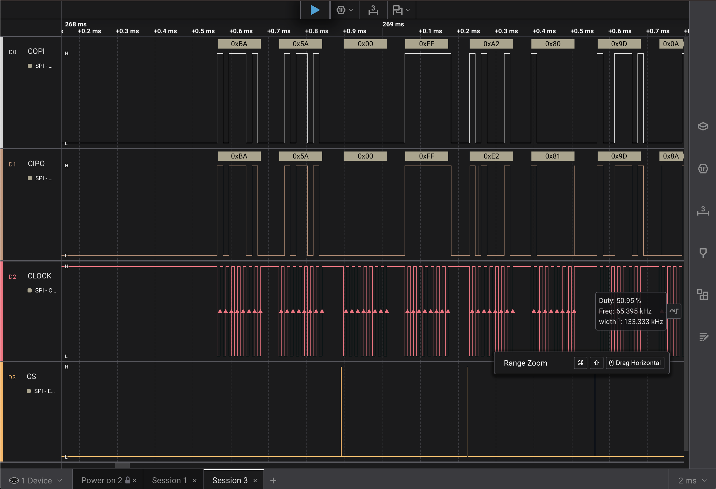 capture of COPI and CIPO from esp32c6 with 65,536 clock frequency